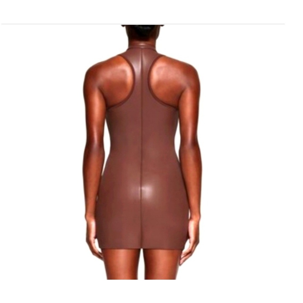 SKIMS Faux Leather Mock Neck Swim Dress Espresso Brown Full Zip Racerback NEW - Picture 2 of 7